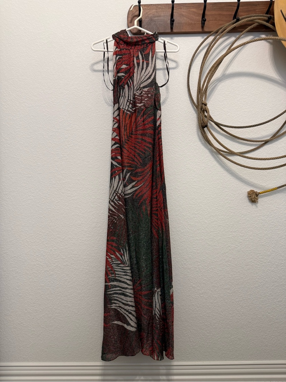 Vtg 70s ILGWU Metallic Lurex Tropical Palm Leaf High Neck Maxi Dress Disco S M